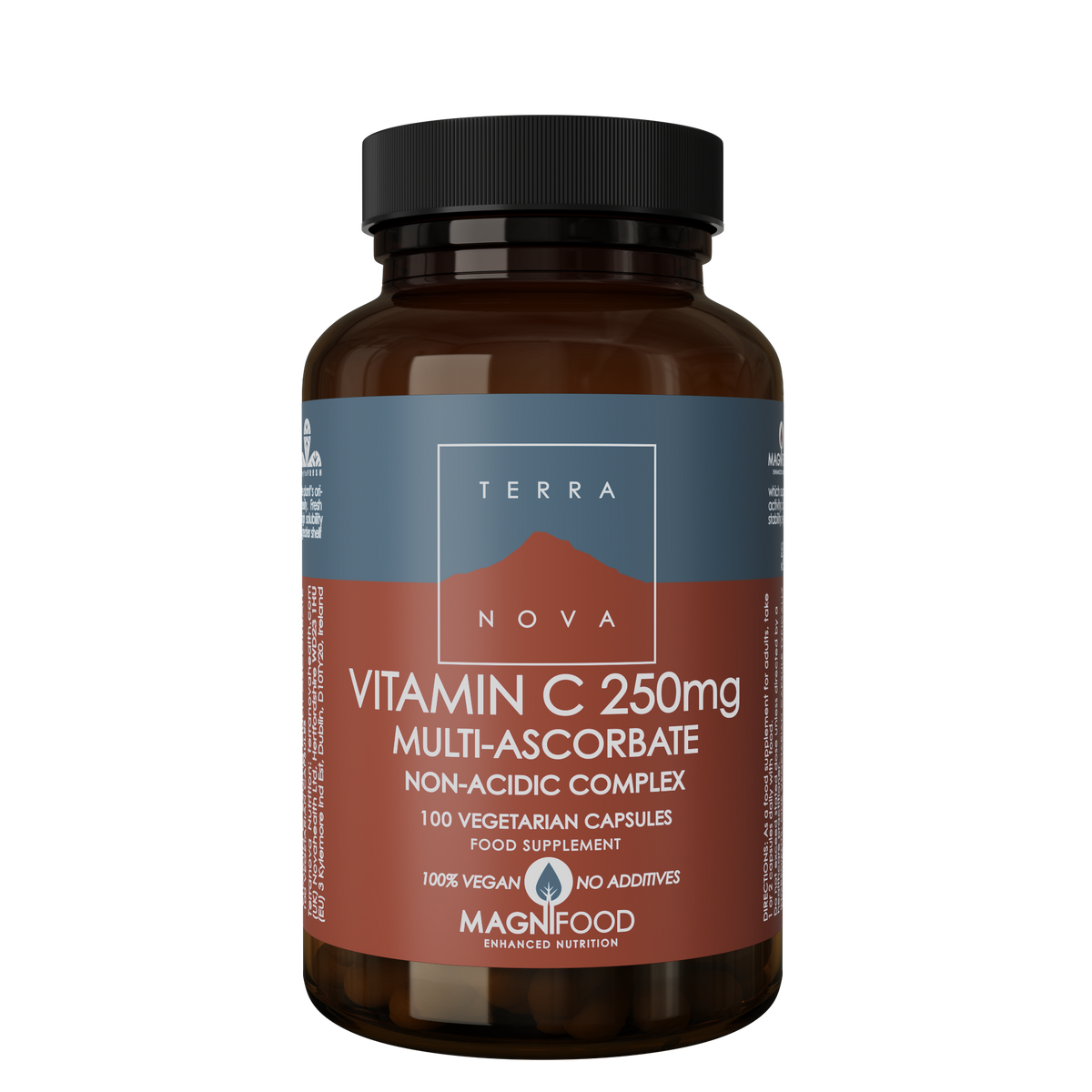 A brown amber bottle of Terranova Vitamin C 250mg Multi-Ascorbate Non-Acidic Complex food supplement by Magnified Nutrition, featuring a grey and terracotta label with a black cap. 100's vegan capsules.
