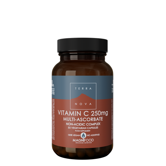 A bottle of Terranova Vitamin C 250mg Multi-Ascorbate food supplement capsules, featuring a dark amber brown bottle, black cap, and a label with grey and terracotta red sections. 50's vegan capsules.